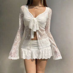 OEM ODM Women’s Sheer Lace Tie-Front Long Sleeve Top