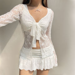OEM ODM Women’s Sheer Lace Tie-Front Long Sleeve Top
