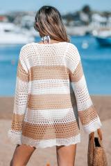 OEM ODM Women’s Crochet Stripe Long Sleeve Beach Cover-Up Sweater