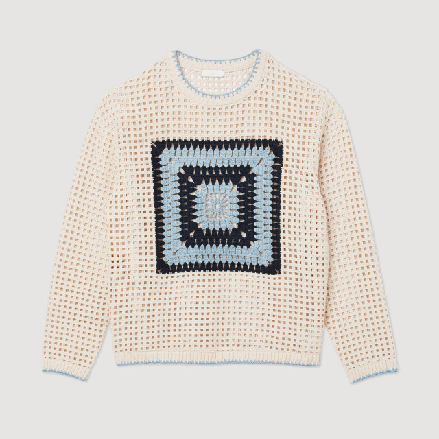 Made-to-order Men’s Crochet Patchwork Knit Sweater | Openwork Geometric Knit Pullover
