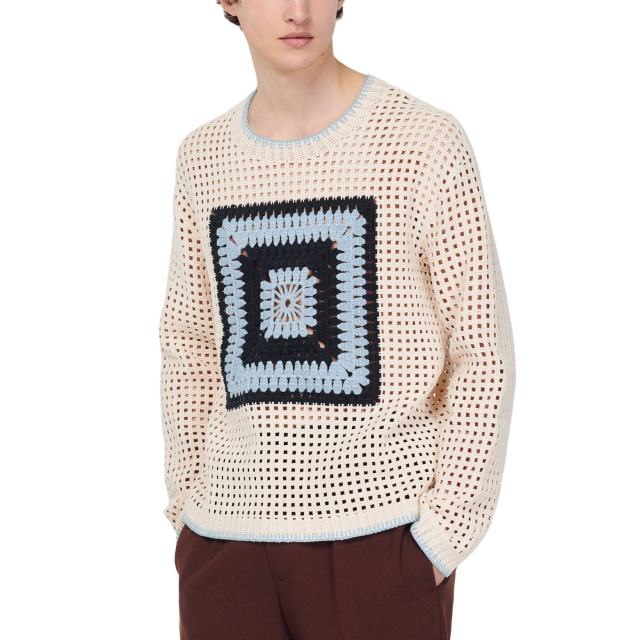 Made-to-order Men’s Crochet Patchwork Knit Sweater | Openwork Geometric Knit Pullover