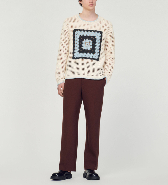 Made-to-order Men’s Crochet Patchwork Knit Sweater | Openwork Geometric Knit Pullover