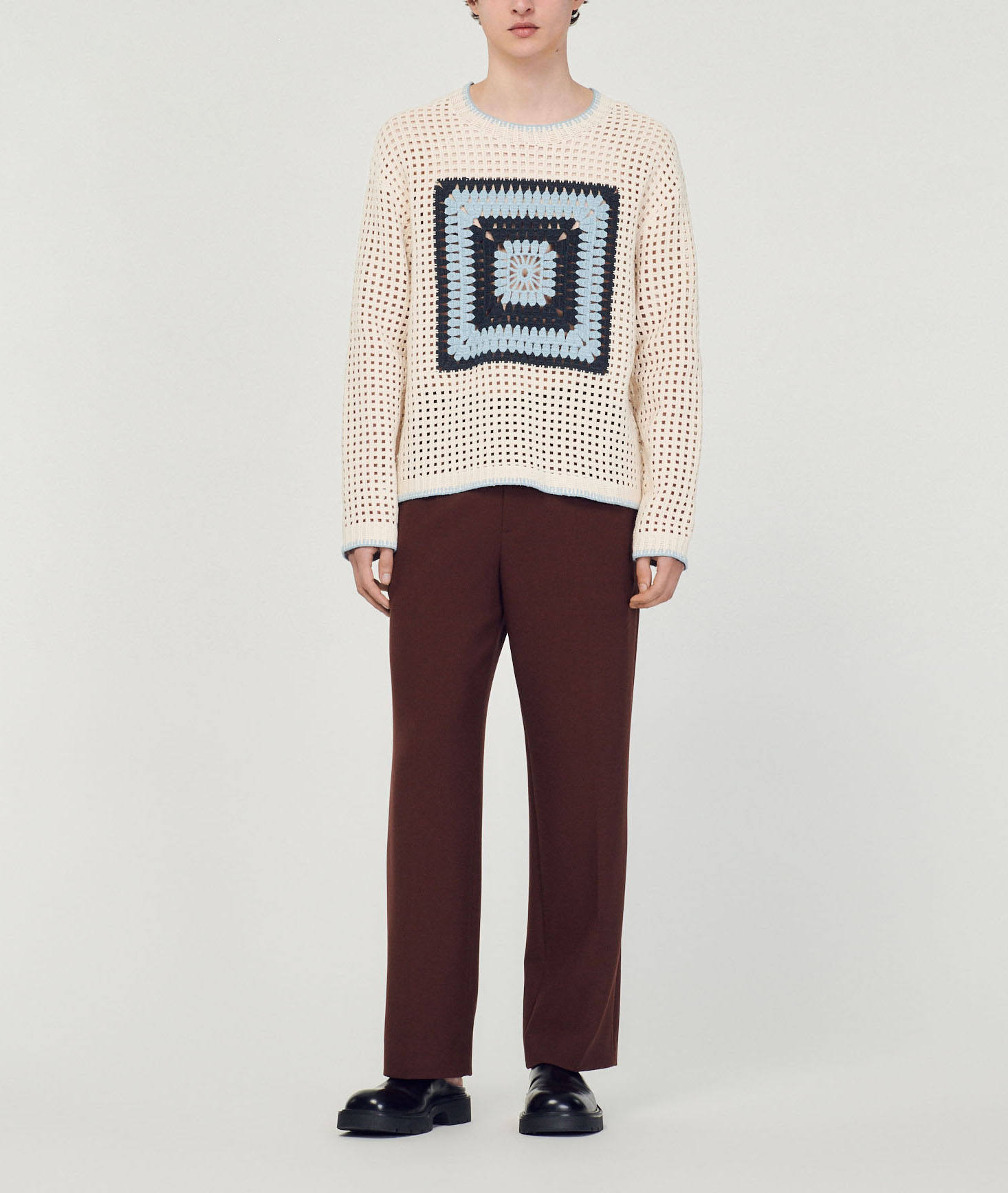 Made-to-order Men’s Crochet Patchwork Knit Sweater | Openwork Geometric Knit Pullover