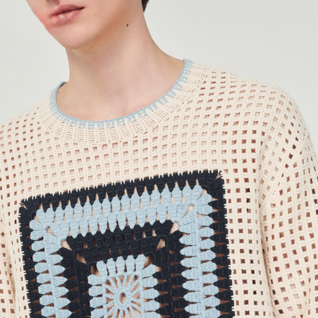 Made-to-order Men’s Crochet Patchwork Knit Sweater | Openwork Geometric Knit Pullover