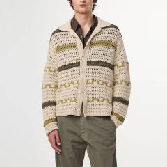 Personalized Men’s Openwork Knit Striped Cardigan | Crochet Button-Front Knit Jacket