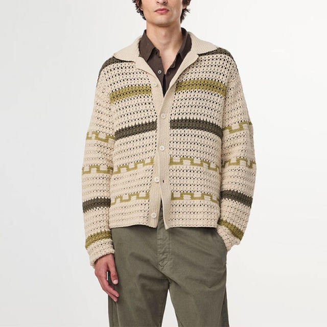 Personalized Men’s Openwork Knit Striped Cardigan | Crochet Button-Front Knit Jacket