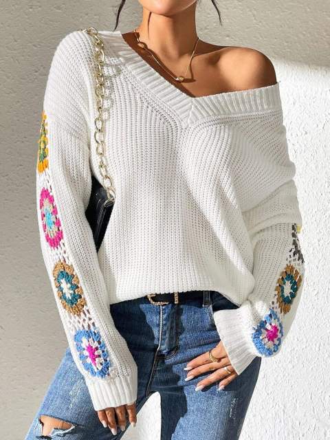 customized Women’s V-Neck Crochet Patchwork Knit Sweater | Bohemian Style Pullover