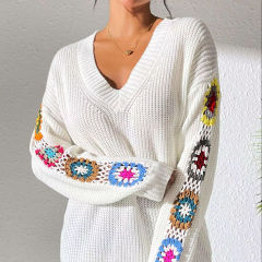 customized Women’s V-Neck Crochet Patchwork Knit Sweater | Bohemian Style Pullover