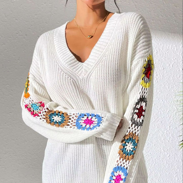 customized Women’s V-Neck Crochet Patchwork Knit Sweater | Bohemian Style Pullover