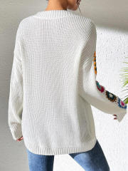 customized Women’s V-Neck Crochet Patchwork Knit Sweater | Bohemian Style Pullover