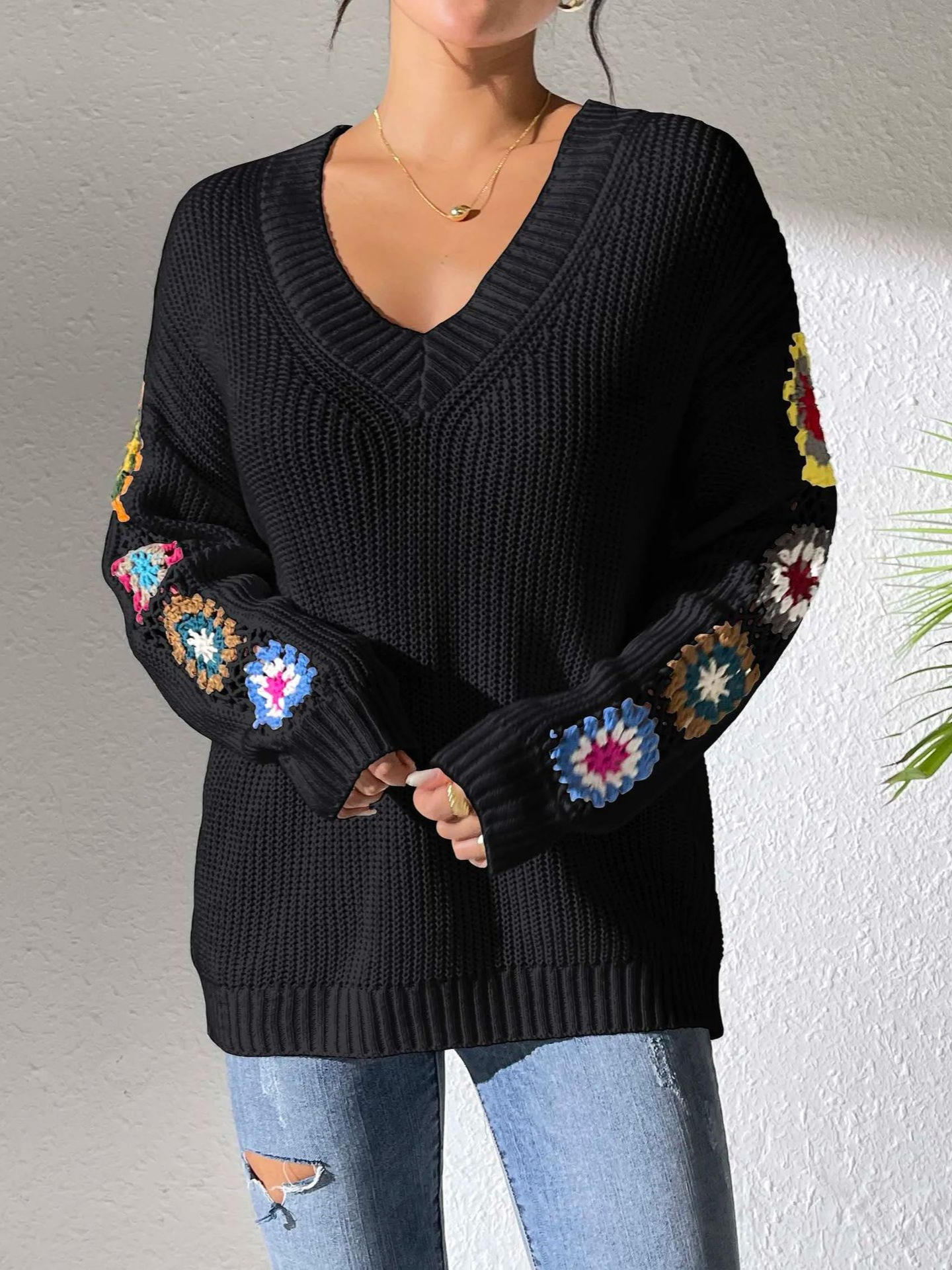 customized Women’s V-Neck Crochet Patchwork Knit Sweater | Bohemian Style Pullover