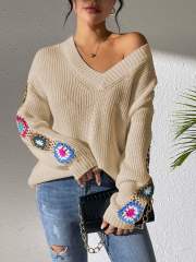 customized Women’s V-Neck Crochet Patchwork Knit Sweater | Bohemian Style Pullover