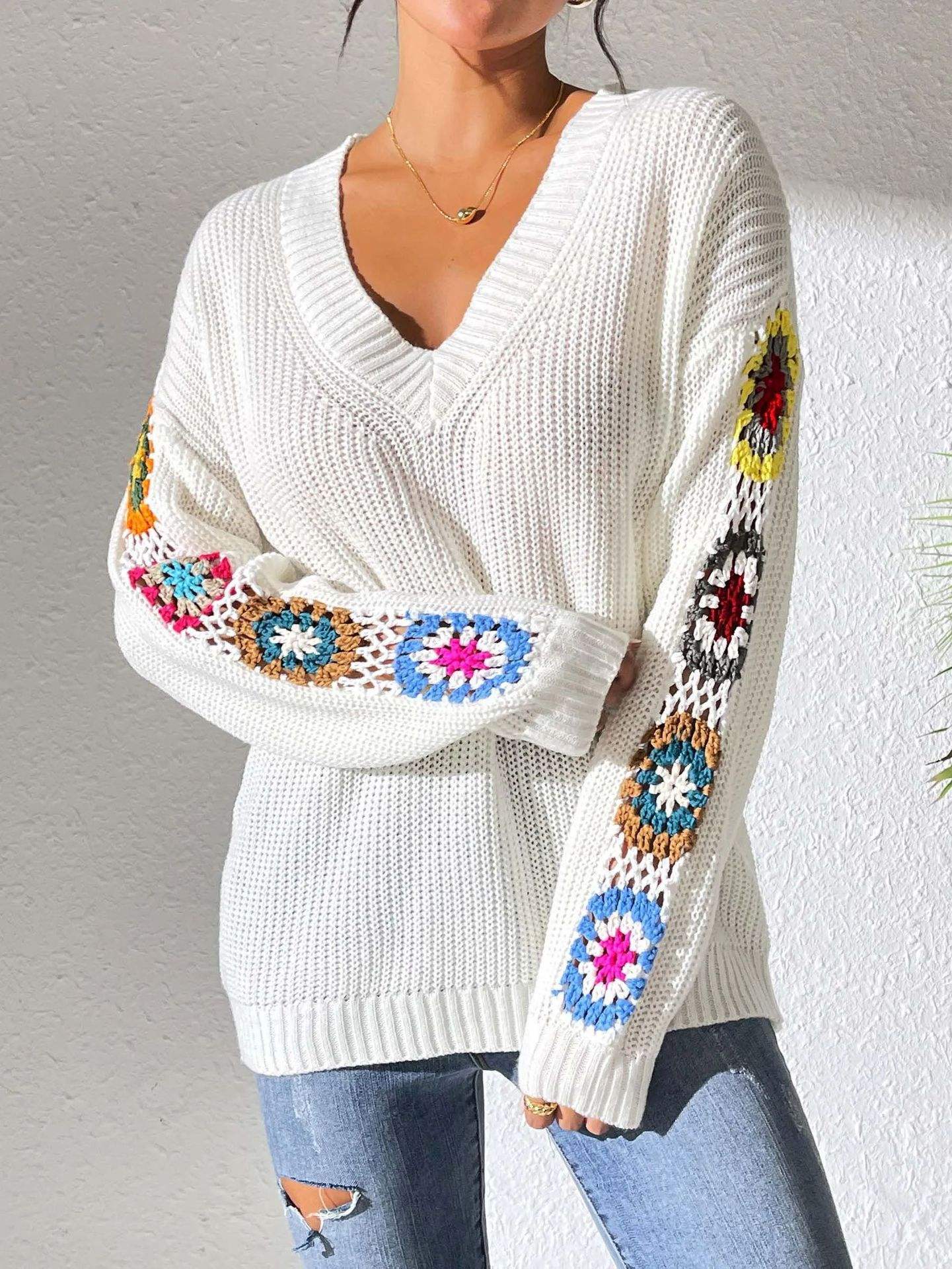 customized Women’s V-Neck Crochet Patchwork Knit Sweater | Bohemian Style Pullover