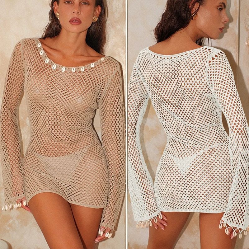 customized Women’s Boho Seashell Trim Sheer Crochet Mini Dress Cover-Up