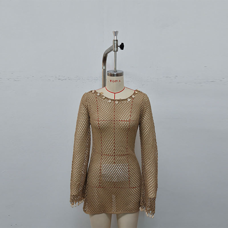 customized Women’s Boho Seashell Trim Sheer Crochet Mini Dress Cover-Up