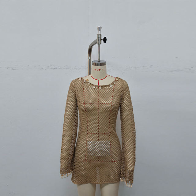 customized Women’s Boho Seashell Trim Sheer Crochet Mini Dress Cover-Up