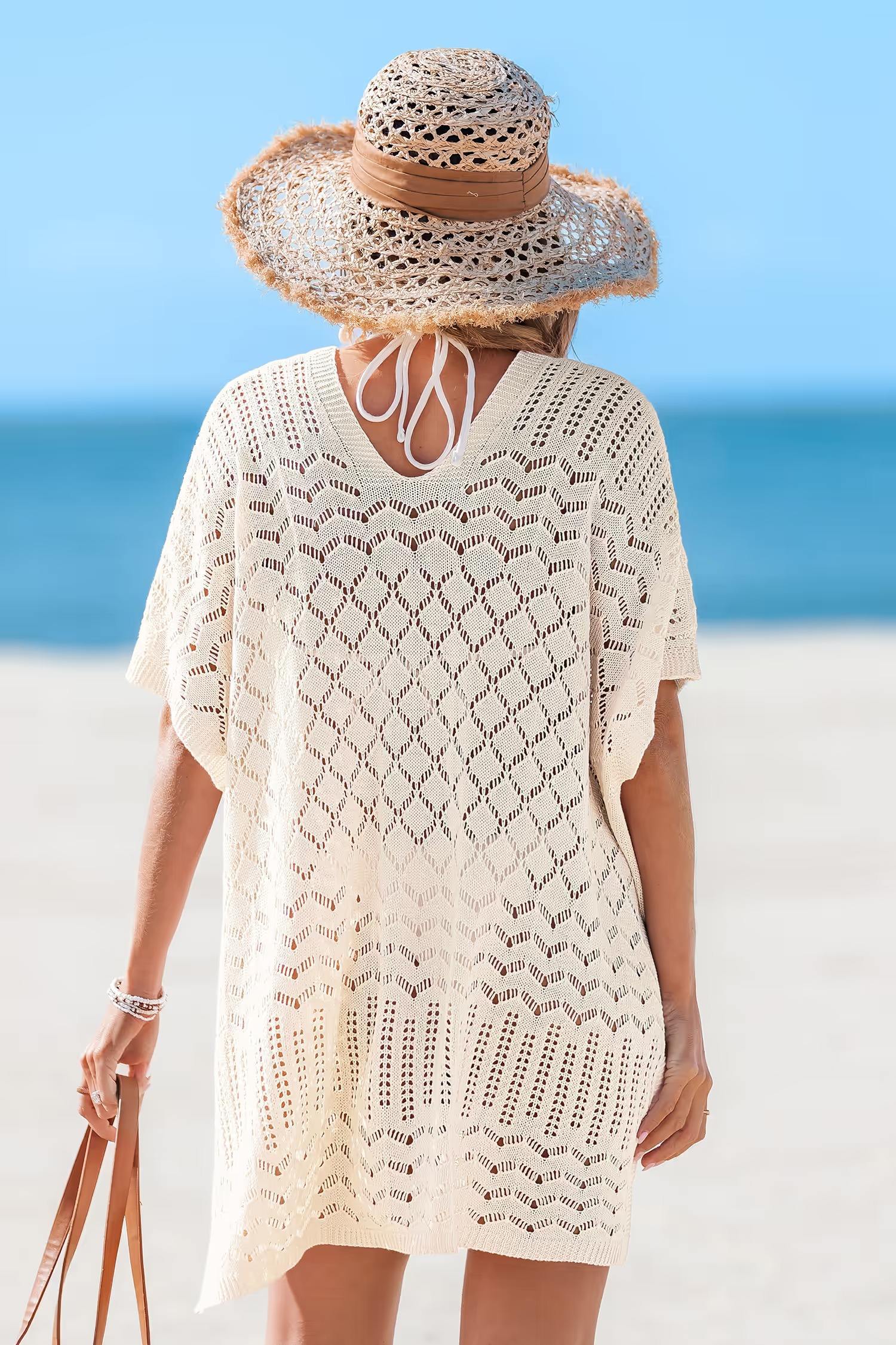 customized Women’s Bohemian V-Neck Hollow Knit Beach Cover-Up Dress