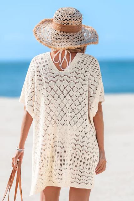 customized Women’s Bohemian V-Neck Hollow Knit Beach Cover-Up Dress