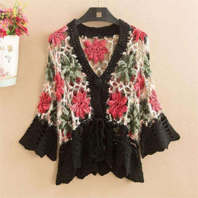 customized Women’s Vintage 3D Floral Crochet Mohair Knit Sweater