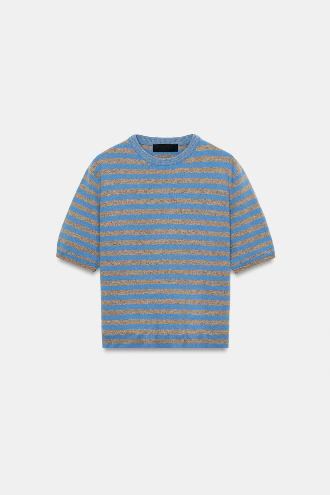 ODM OEM Urban Striped Knit Top – Blue & Taupe Short Sleeve Sweater for Women