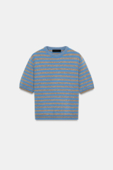 ODM OEM Urban Striped Knit Top – Blue & Taupe Short Sleeve Sweater for Women