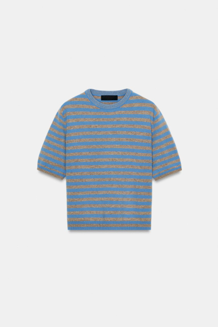 ODM OEM Urban Striped Knit Top – Blue & Taupe Short Sleeve Sweater for Women