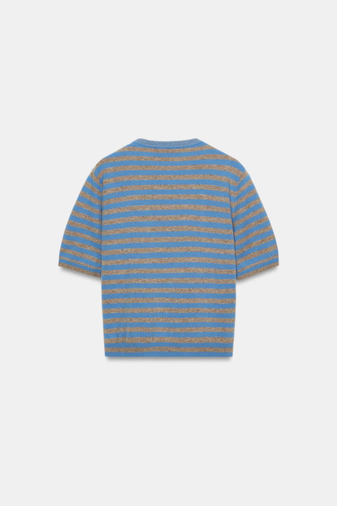 ODM OEM Urban Striped Knit Top – Blue & Taupe Short Sleeve Sweater for Women