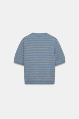 ODM OEM Urban Striped Knit Top – Blue & Taupe Short Sleeve Sweater for Women