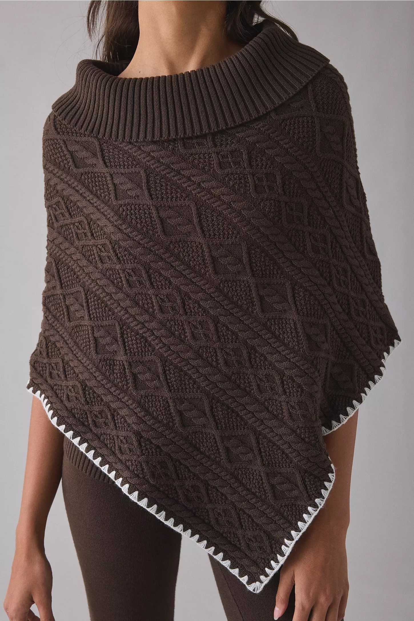 Factory Direct Classic Cable Knit Poncho Sweater – Women’s Brown Turtleneck Knit Cape with Contrast Trim