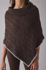 Factory Direct Classic Cable Knit Poncho Sweater – Women’s Brown Turtleneck Knit Cape with Contrast Trim