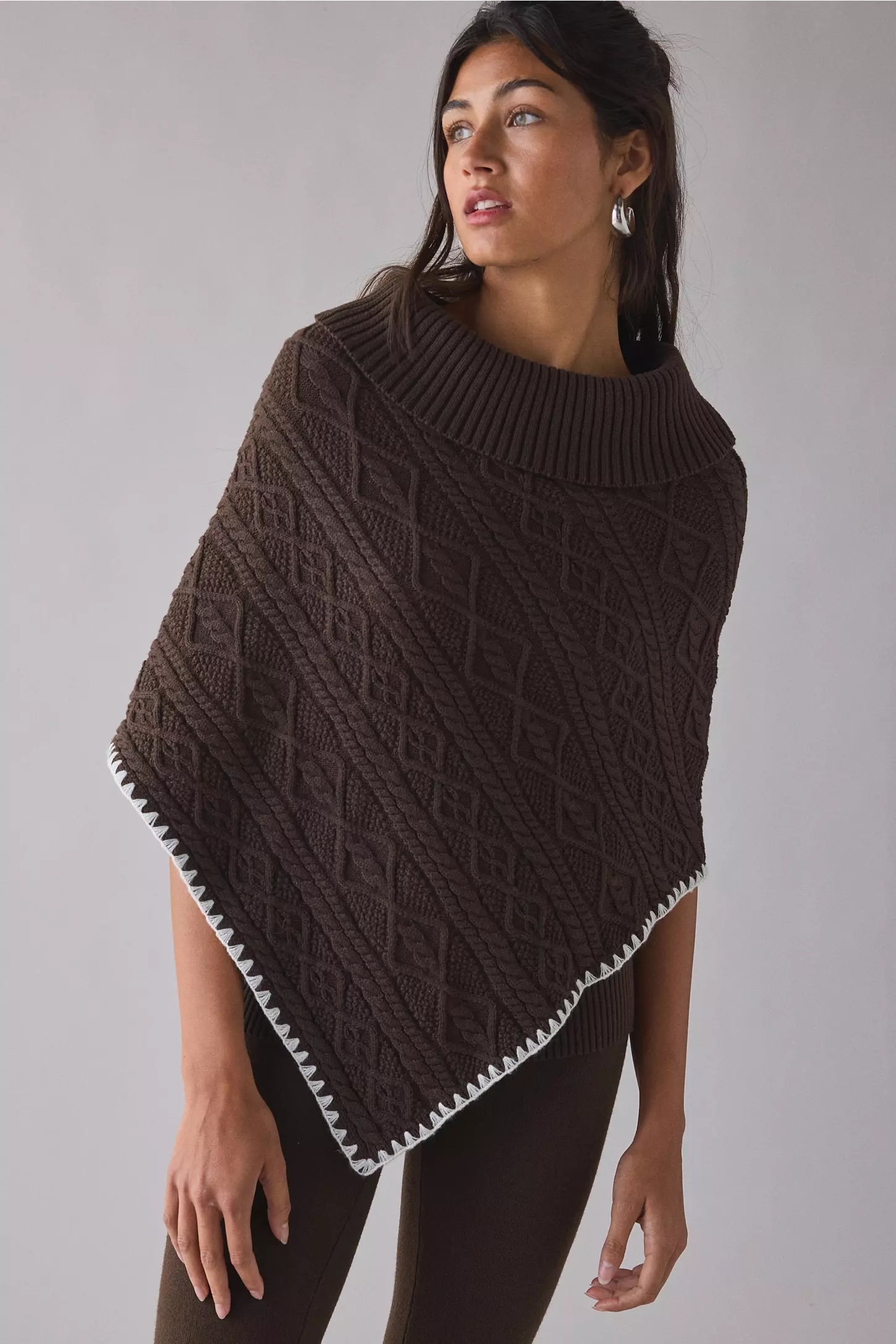 Factory Direct Classic Cable Knit Poncho Sweater – Women’s Brown Turtleneck Knit Cape with Contrast Trim