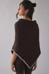 Factory Direct Classic Cable Knit Poncho Sweater – Women’s Brown Turtleneck Knit Cape with Contrast Trim