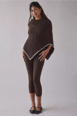 Factory Direct Classic Cable Knit Poncho Sweater – Women’s Brown Turtleneck Knit Cape with Contrast Trim