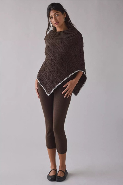 Factory Direct Classic Cable Knit Poncho Sweater – Women’s Brown Turtleneck Knit Cape with Contrast Trim