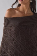 Factory Direct Classic Cable Knit Poncho Sweater – Women’s Brown Turtleneck Knit Cape with Contrast Trim