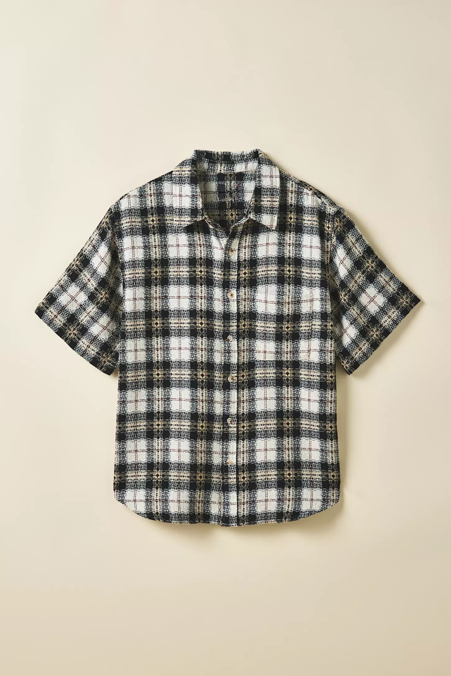customized Men’s Black and White Textured Plaid Short Sleeve Overshirt