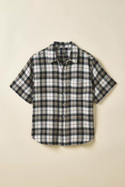 customized Men’s Black and White Textured Plaid Short Sleeve Overshirt