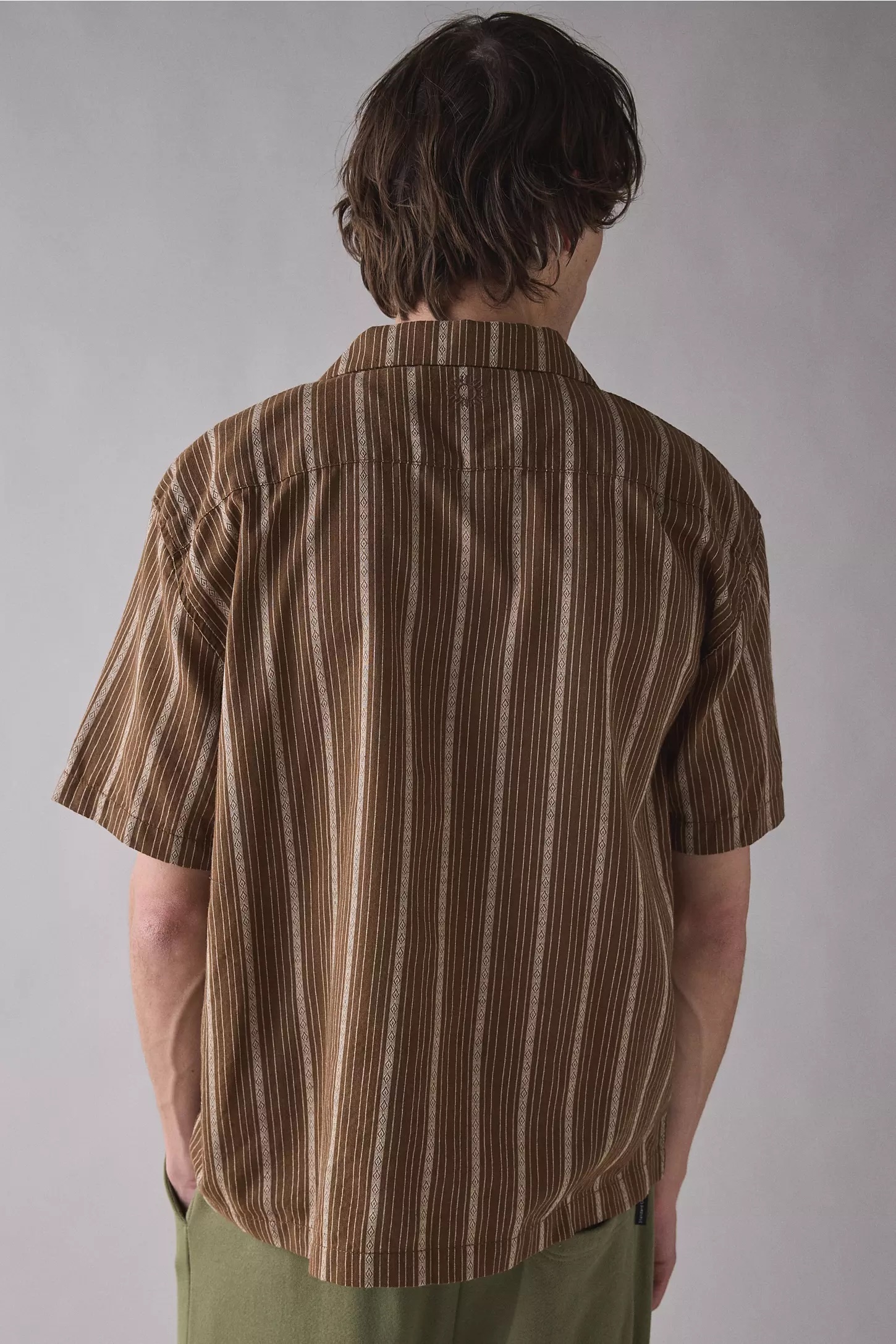 Factory Direct Men’s Brown Vertical Stripe Short Sleeve Camp Collar Shirt