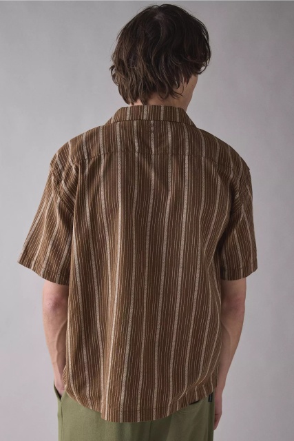 Factory Direct Men’s Brown Vertical Stripe Short Sleeve Camp Collar Shirt