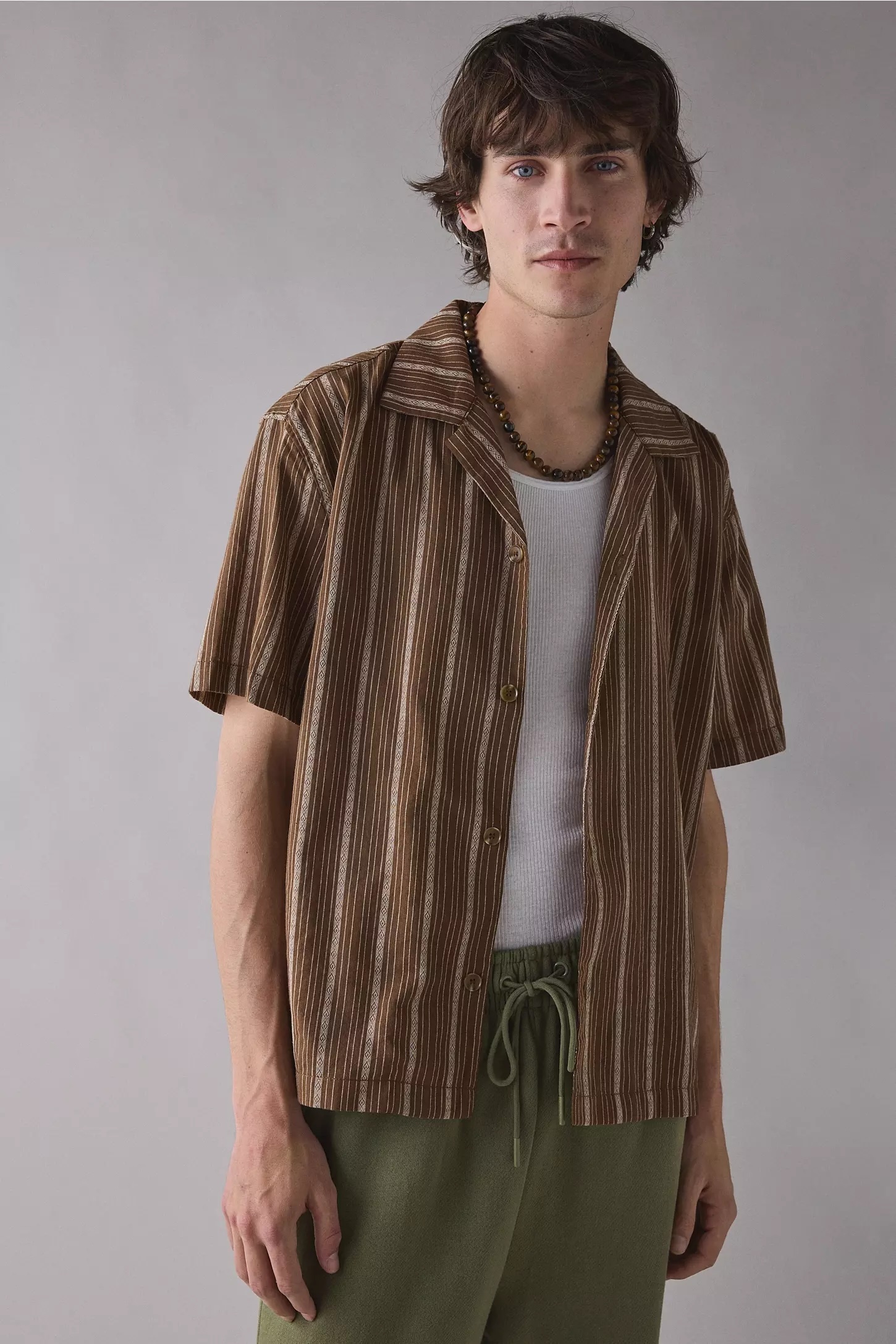 Factory Direct Men’s Brown Vertical Stripe Short Sleeve Camp Collar Shirt
