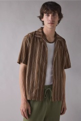 Factory Direct Men’s Brown Vertical Stripe Short Sleeve Camp Collar Shirt