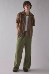 Factory Direct Men’s Brown Vertical Stripe Short Sleeve Camp Collar Shirt