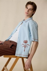 ODM OEM Men’s Sky Blue Floral Embroidered Short Sleeve Camp Collar Shirt