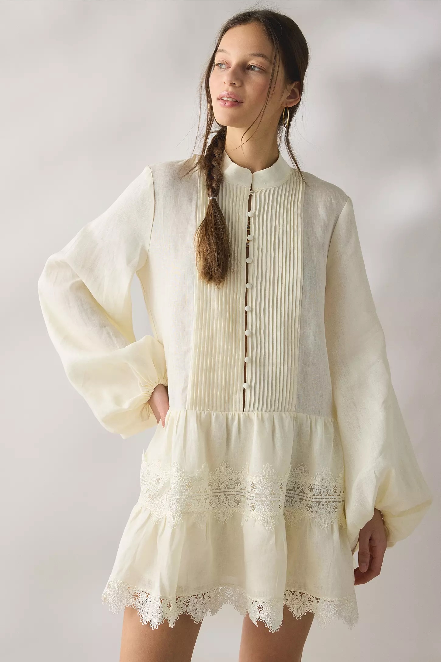 Wholesale Women’s Ivory Pintuck Lace Trim Long Sleeve Mini Dress