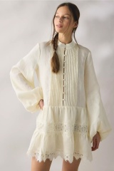 Wholesale Women’s Ivory Pintuck Lace Trim Long Sleeve Mini Dress