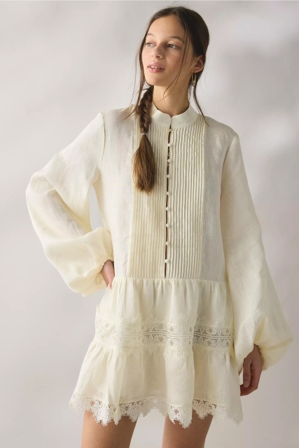 Wholesale Women’s Ivory Pintuck Lace Trim Long Sleeve Mini Dress