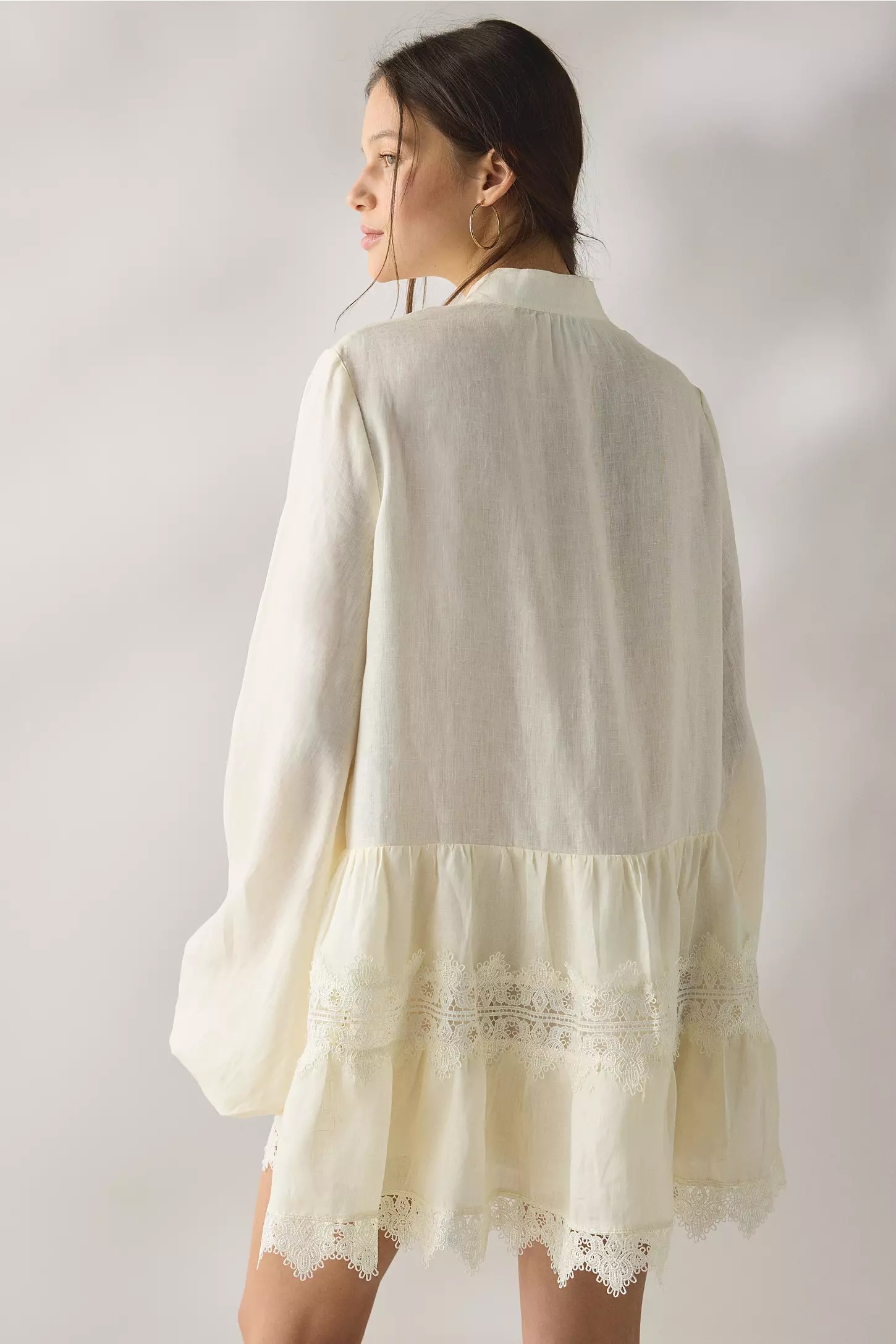 Wholesale Women’s Ivory Pintuck Lace Trim Long Sleeve Mini Dress