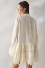 Wholesale Women’s Ivory Pintuck Lace Trim Long Sleeve Mini Dress