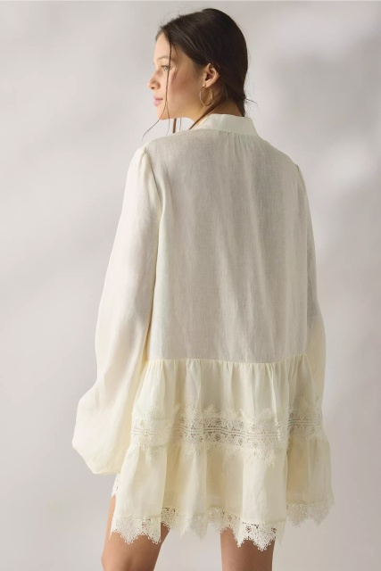 Wholesale Women’s Ivory Pintuck Lace Trim Long Sleeve Mini Dress