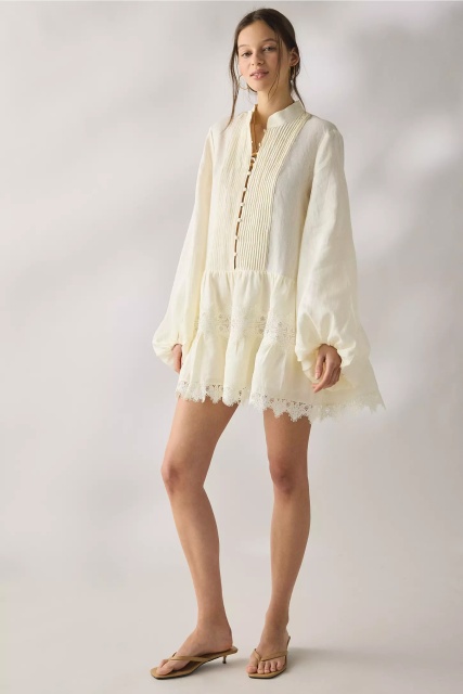 Wholesale Women’s Ivory Pintuck Lace Trim Long Sleeve Mini Dress